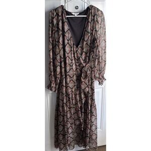 Lauren Conrad Chiffon Wrap Maxi Dress Tie Waist Choc Pink Aqua Gold Thread XL